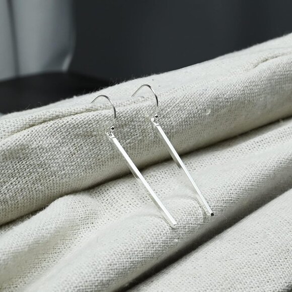 Handmade 925 Sterling Silver Dangle Earrings Hypoallergenic Stick Drop Long Vert - Picture 5 of 6